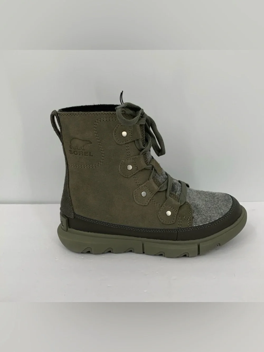 Sorel Explorer II Joan winter waterproof ankle boots olive green gray tie new 6